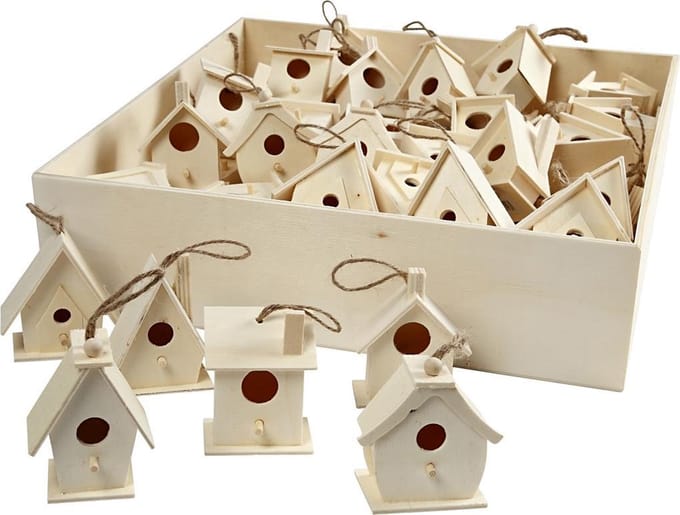 Vogelhuis, h: 7 cm, populier, 60 assorti