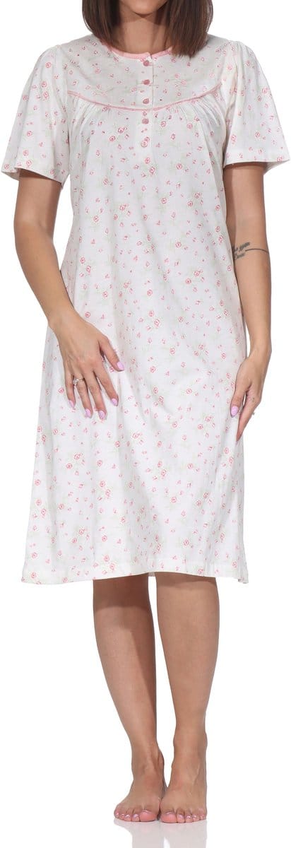 Normann Dames Nachthemd korte mouw – Romantisch bloemendesign, knoopsluiting bij de hals
