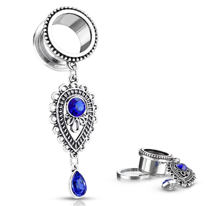 10 mm Screw-fit tunnel Saphire blauwe steen teardrop ketting ©LMPiercings