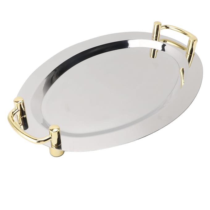 Roestvrijstalen Schaal met Handvat Multifunctioneel Draagbaar Metalen Serveerblad Dinerbord voor Rectangle Shape with Silver Handle, 47.5cm white
