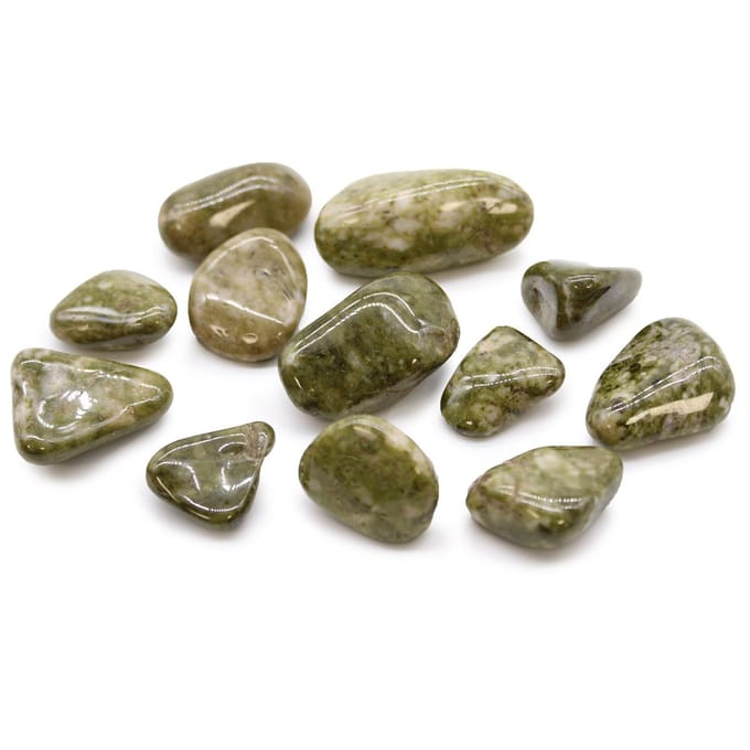 Zak met 12 middelgrote Afrikaanse trommelstenen - Epidote Snowflake