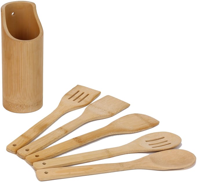 Cheffinger Keukengerei Set met Standaard - 6-delig - Bamboe