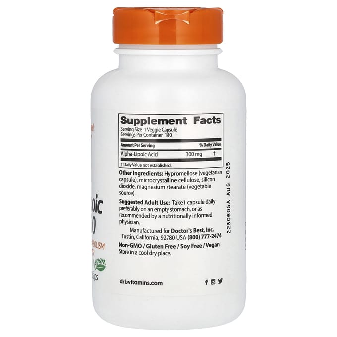 Doctor's Best, Alfa-liponzuur 300, 300mg, 180 Plantaardige Capsules