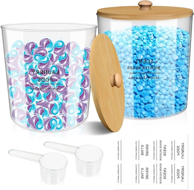 Detergent en opbergbox set met lepel en label, bamboe deksel, ideaal voor wasmiddelopslag en organisatie