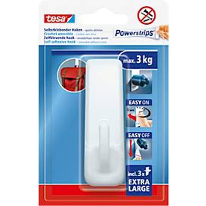 tesa Powerstrips haak XL ovaal - wit - herbruikbare wandhaak - zonder boren - 1 haak + 3 Powerstrips