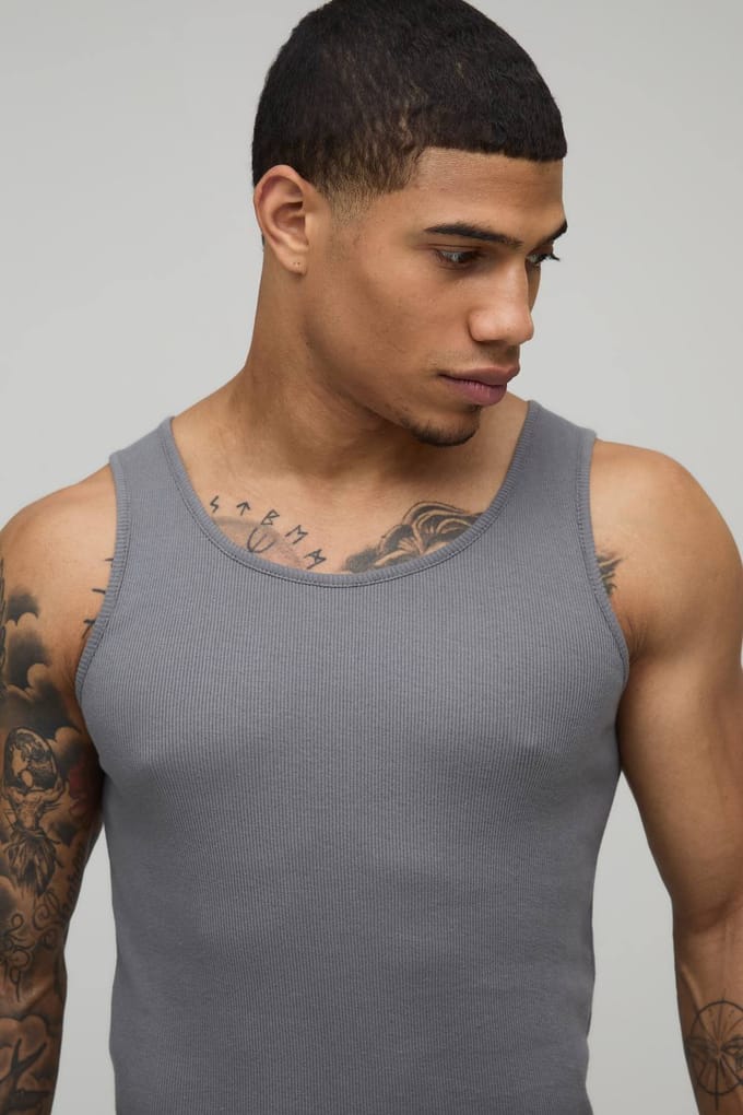 Essential Muscle Fit Ribbed Vest | Grey | Size Large