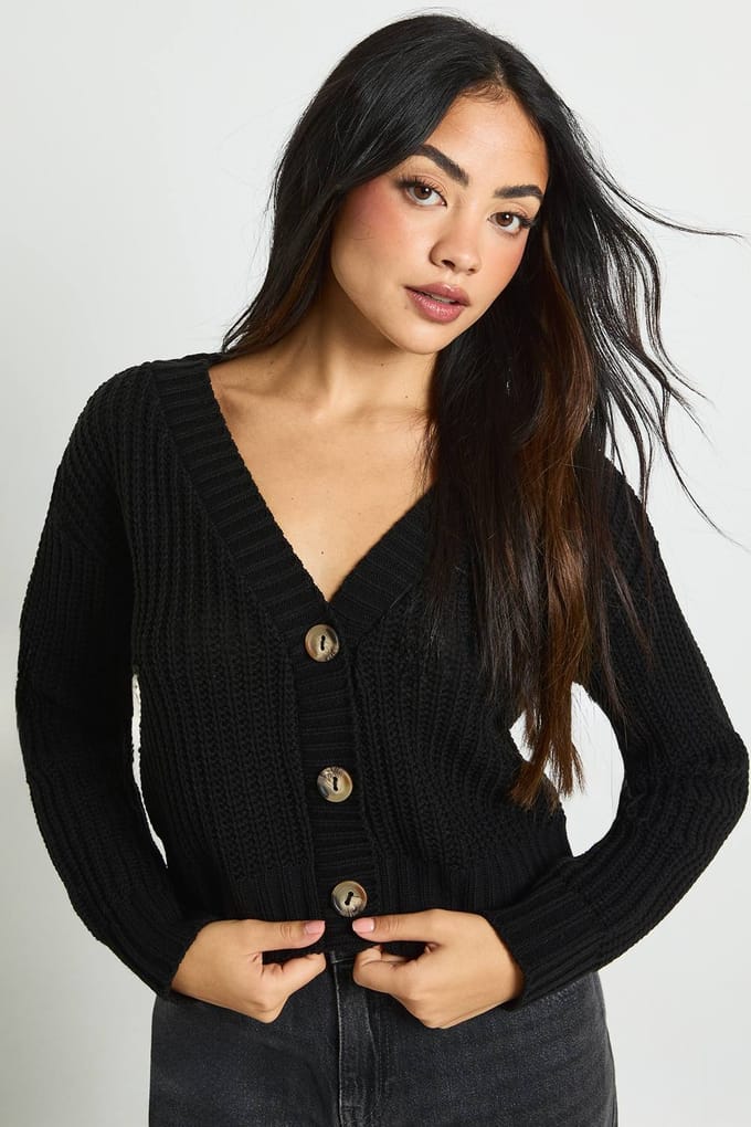 boohoo Dames Chunky Gebreide Cropped Cardigan | Zwart | Maat: Medium