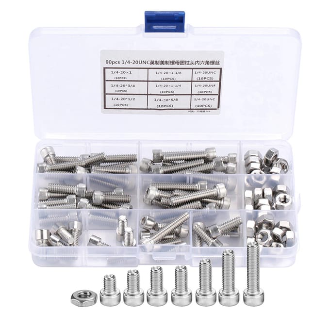 90 pièces 1 4 20UNC Acier Inoxydable Vis à Tête Creuse Hexagonale Kit d'Assortiment de Vis Hexagonales