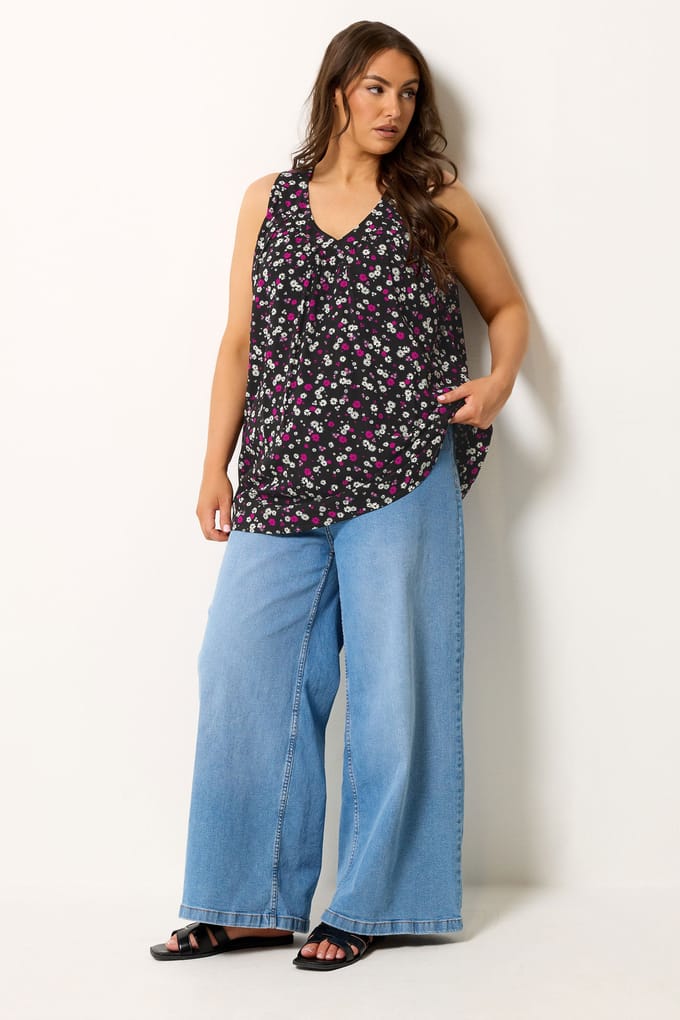 Yours Zwarte Mouwloze Top Met Madeliefjesprint Size 46