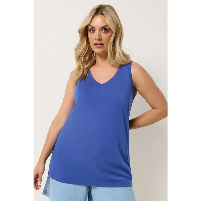 Yours Kobaltblauwe Basic Mouwloze Top Met Vhals Size 48