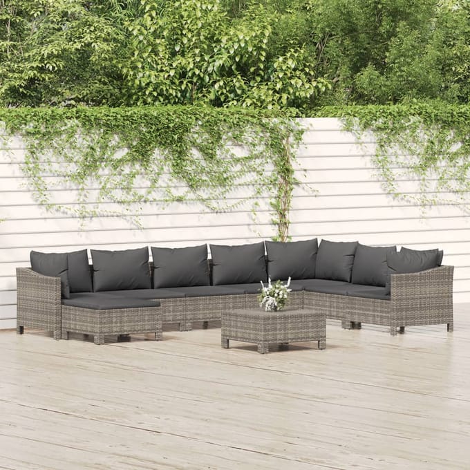 vidaXL - 9-delige - Loungeset - met - kussens - poly - rattan - grijs