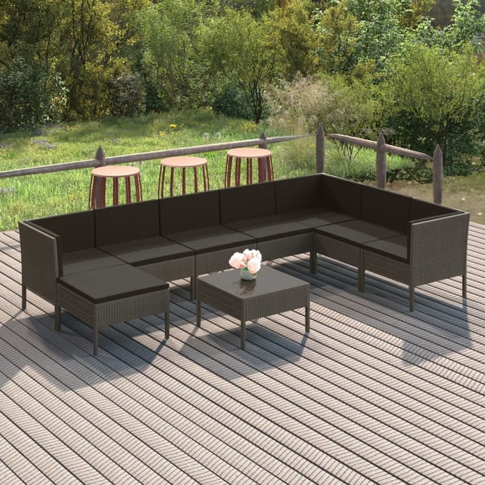 vidaXL - 9-delige - Loungeset - met - kussens - poly - rattan - grijs