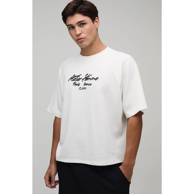Oversized Embroidered Waffle Raglan T-Shirt | Ecru | Size Medium