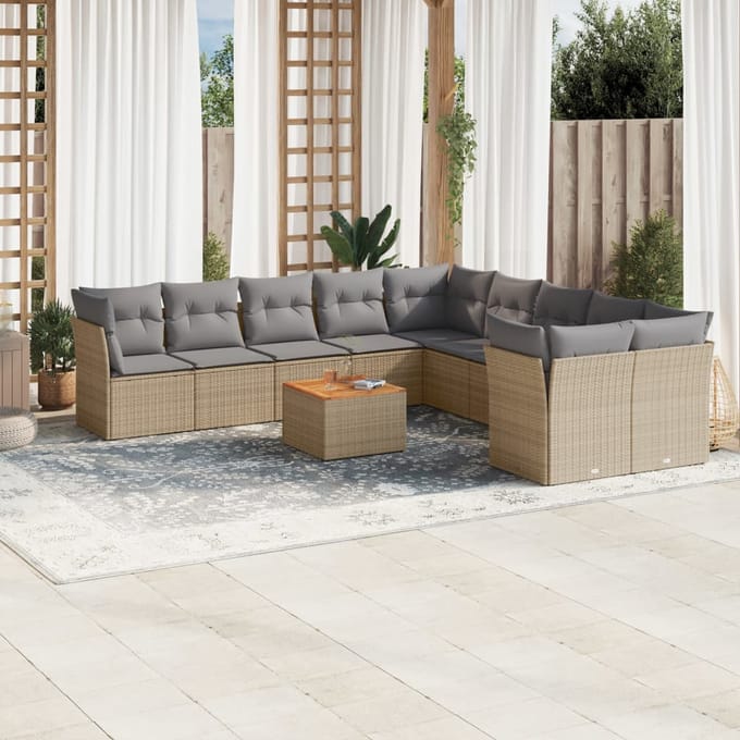 vidaXL - 11-delige - Tuinset - met - kussens - poly - rattan - beige