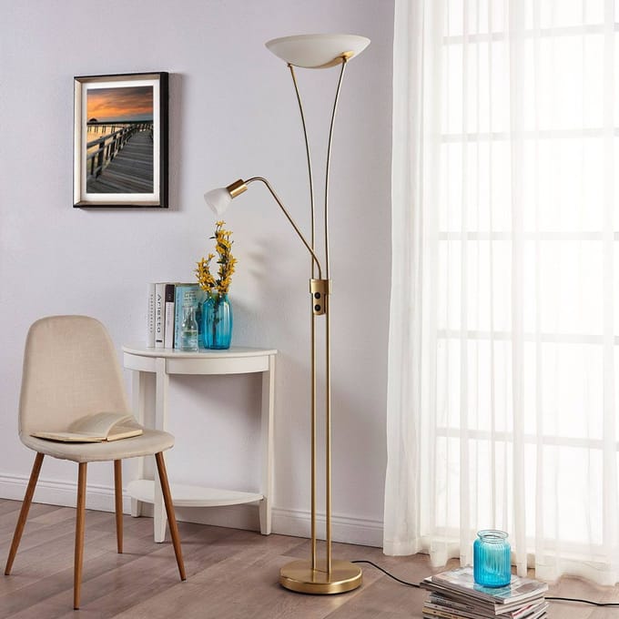 Lindby - vloerlamp - 3lichts - Metaal, glas - H: 180 cm - E27 - messing, wit albast
