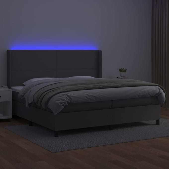 vidaXL - Boxspring - met - matras - en - LED - kunstleer - grijs - 200x200 - cm