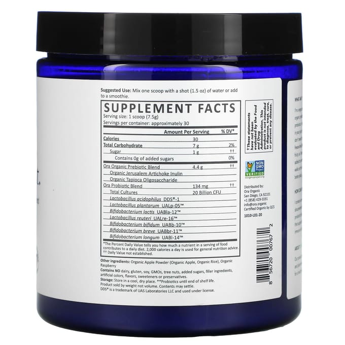 Ora, Faites confiance à votre instinct, Complément de poudre probiotique et prébiotique végan, Pomme et framboise biologiques, 7,9 oz (225g)