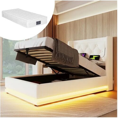 Merax Kinderbed met opbergruimte - 90 x 200 cm - Matras + Leds + Hoofdbord met USB - PU-leer - Wit