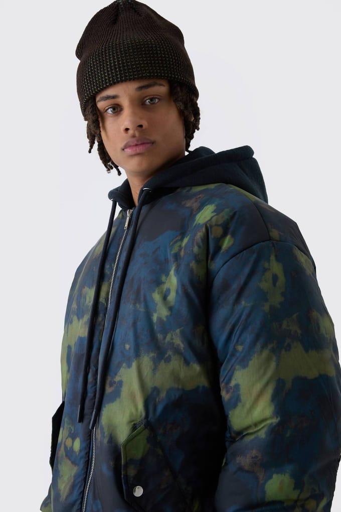 Oversized abstracte print met capuchon bomberjack in marineblauw | Navy | Size Medium
