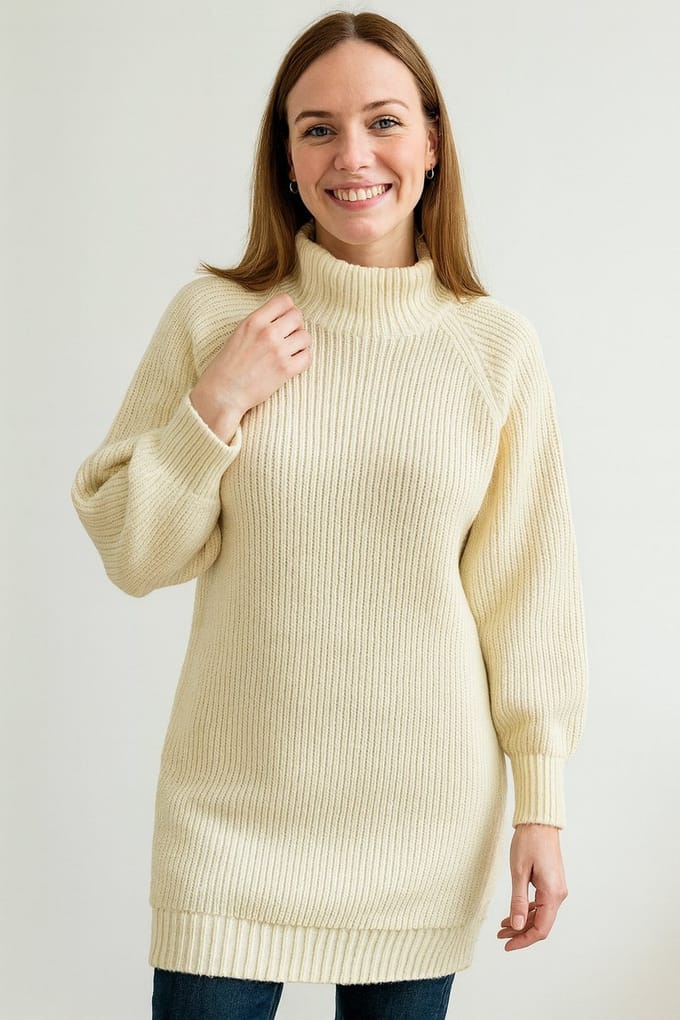 SUNMOOL Halflange gebreide trui - Dames trui - Geribbed Trui - Warme trui - Beige - Maat : M