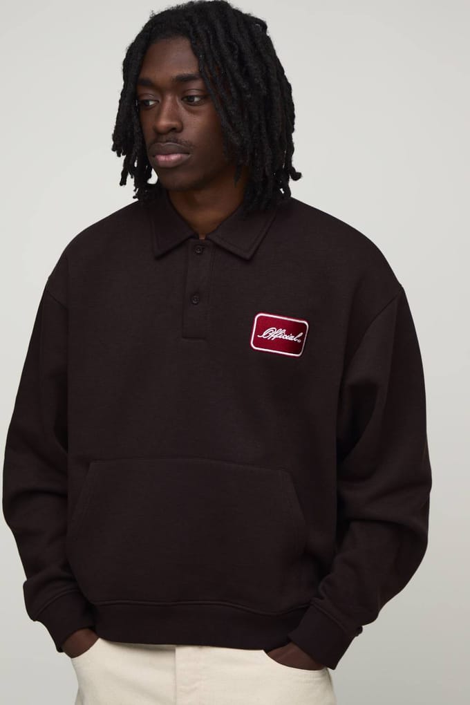 Heavyweight Oversized Boxy Embroidered Badge Polo Sweater | Chocolate | Size Small