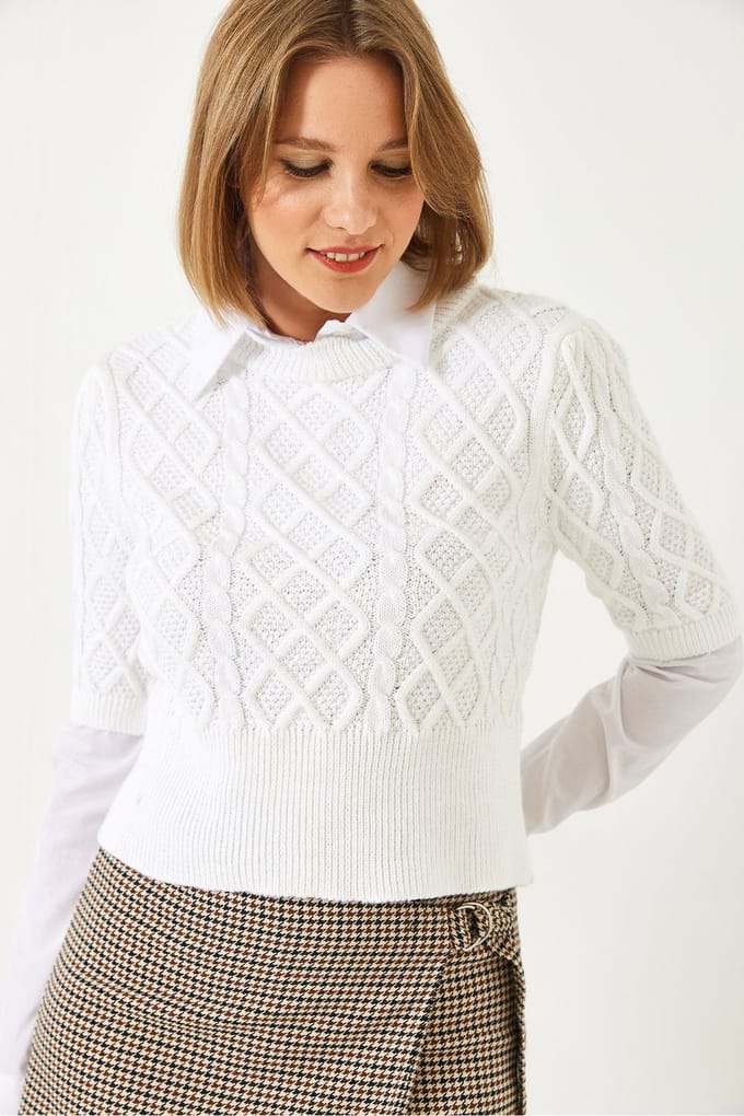 Gebreid Textuur Cropped Trui met Blousekraag