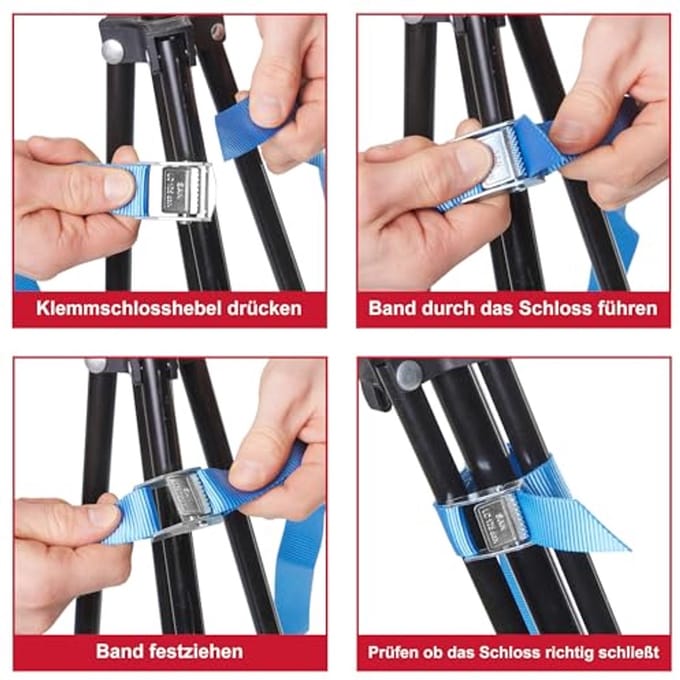 Set van 6 spanbanden met klemsluiting - Belastbaar tot 250 kg, 4 m lang, 25 mm breed