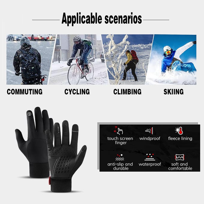 Winter Heren Dames Fietshandschoenen Waterdicht Winddicht Fleece Voering Touchscreen Antislip Medium zwart