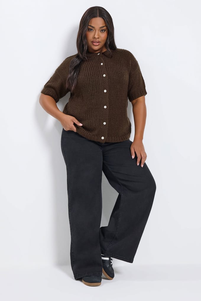 Yours Chocoladebruin Vest Met Korte Mouwen Size 46-48
