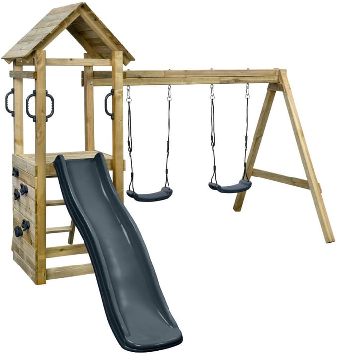 SwingKing Houten Speeltoestel Maria | Speeltoren met Glijbaan 175cm en Dubbele Schommel | FSC Hout - Glijbaan Antraciet