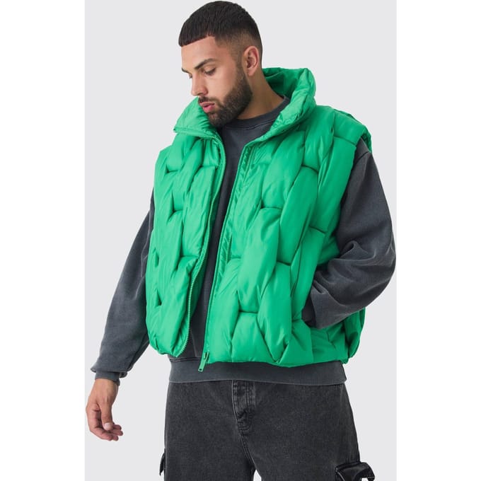 Plus Boxy Fit Handgewoven Gevoerd Gilet in Groen | Green | Size 3XL