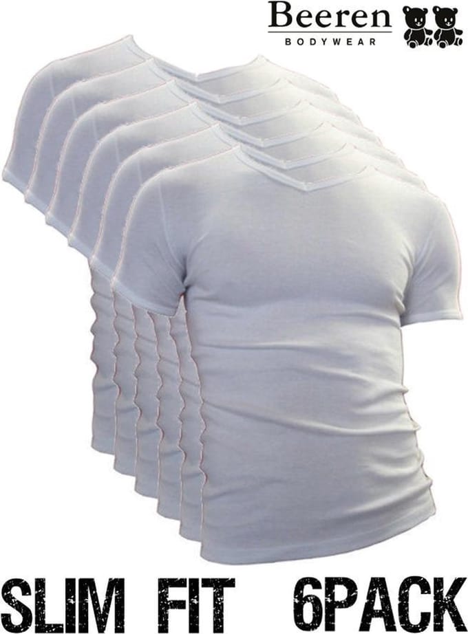 Beeren heren T-Shirt - V-Hals - maat M - 6-Pack - Wit - Slim Fit