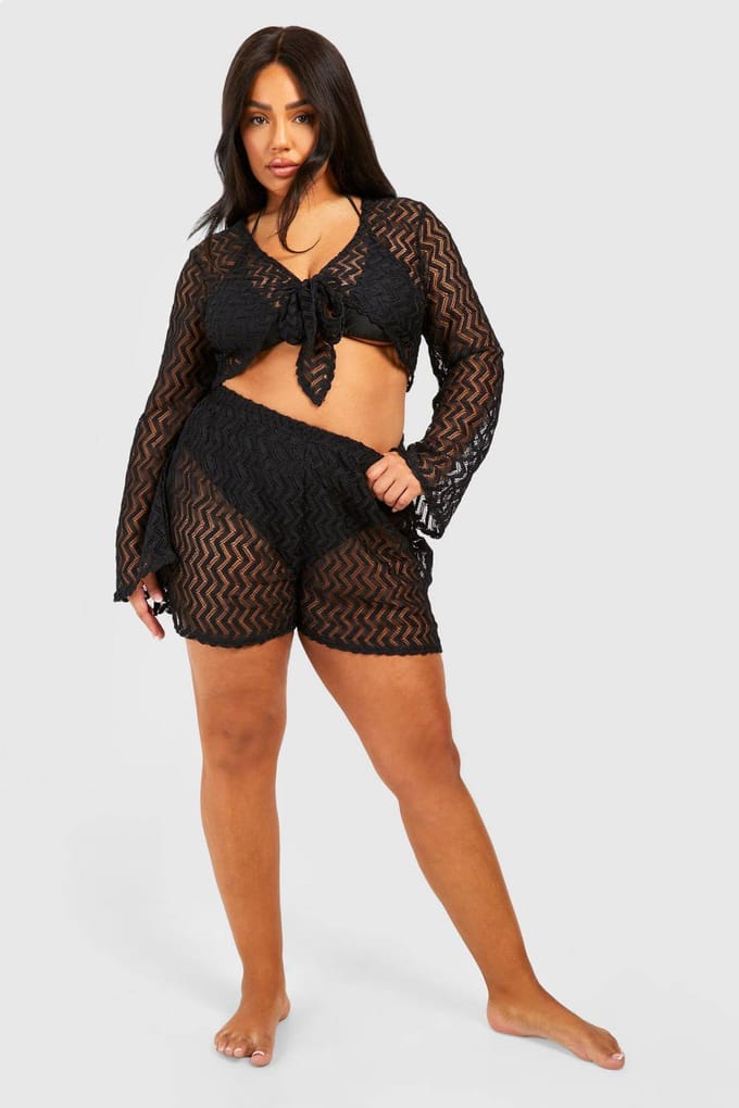 boohoo Dames Plus Jersey Gebreide Strand Co Ord | Zwart | Maat: 52