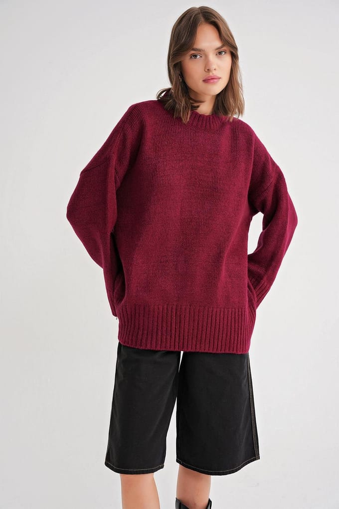 Oversized Geribde Gebreide Trui met Ronde Hals