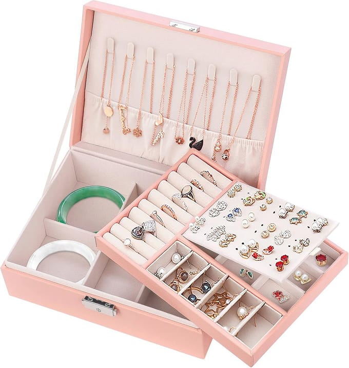 Sieradendoosje voor dames - Dubbel-laags sieradenopbergdoos met afsluitbare organizer