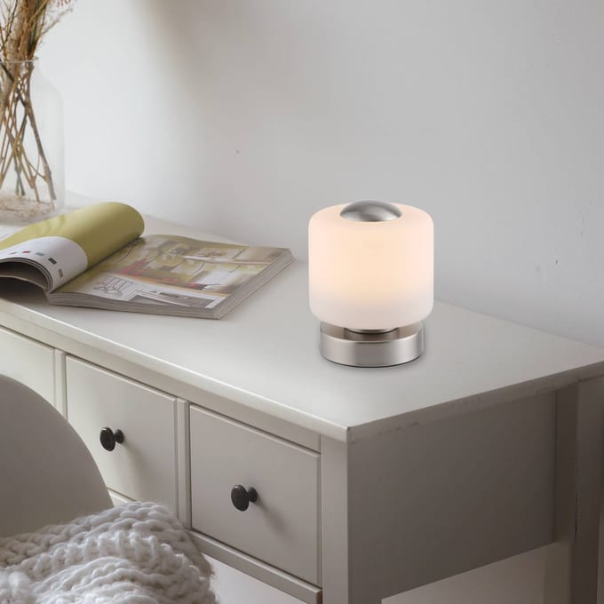 Paul Neuhaus LED tafellamp Bota, staalkleurig, glas, dimbaar