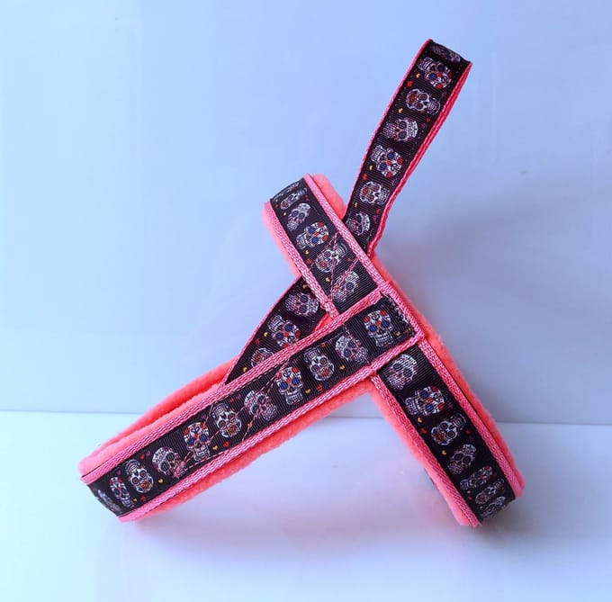 T tuig neon roze skull anti trek hondentuig