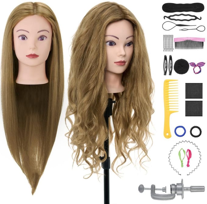 Kappershoofd Oefenhoofd 80% Echt Haar met Statief Kaphoofd Kapperspop Kappers Pop - Incl. Styling Accessoires - Donker Blond Haar - 70 cm