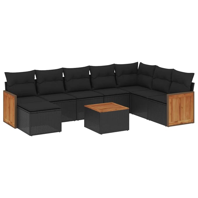 vidaXL - 9-delige - Loungeset - met - kussens - poly - rattan - zwart