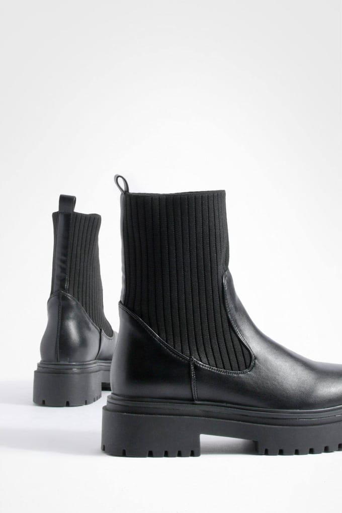 boohoo Dames Chunky Zool Gebreide Chelsea Laarzen | Black | Maat: 8