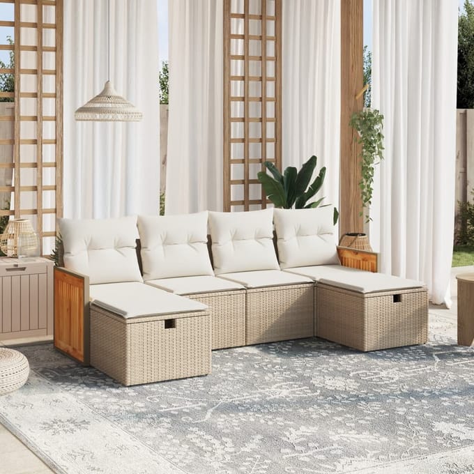 vidaXL - 6-delige - Loungeset - met - kussens - poly - rattan - beige