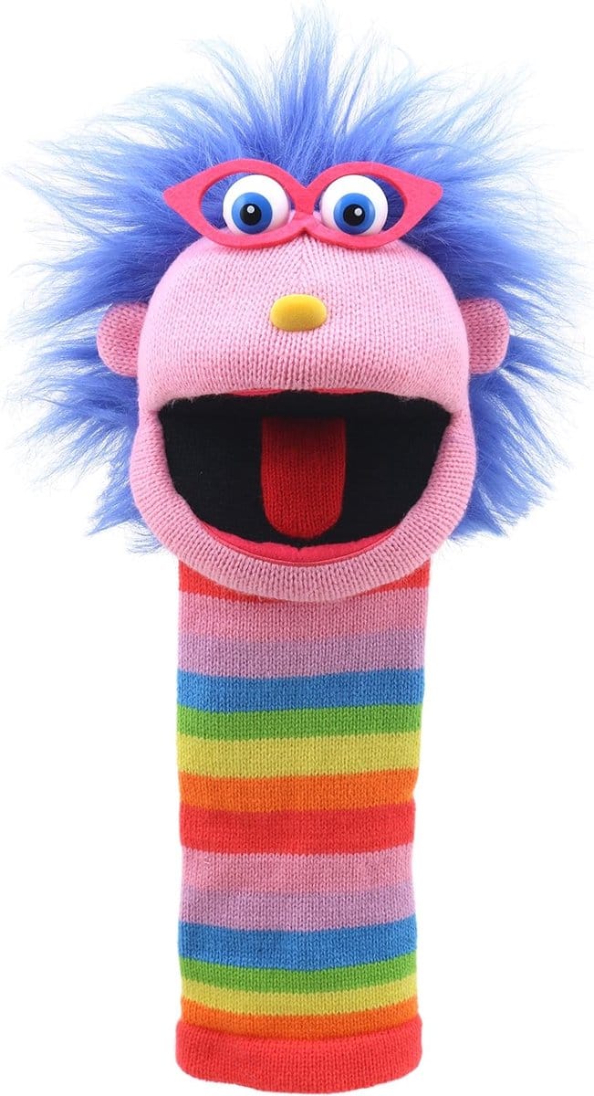 Handpop - Zachte pop - Vermaak kinderen - Met pieper in tong - 38 cm hoog - Meerkleurig
