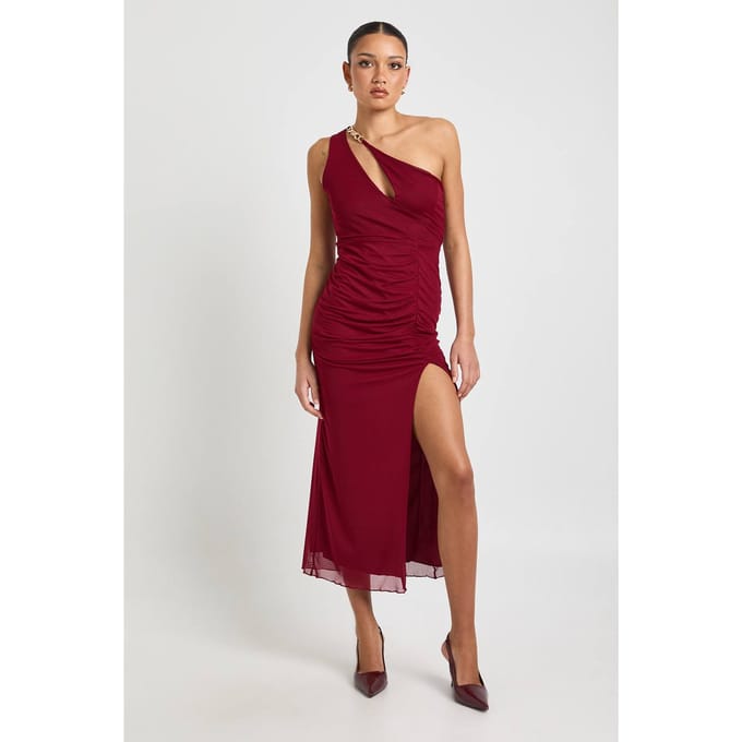 boohoo Dames Uitgesneden Éen-schouder Mesh Midaxi Jurk | Bordeaux Rood | Maat: 44