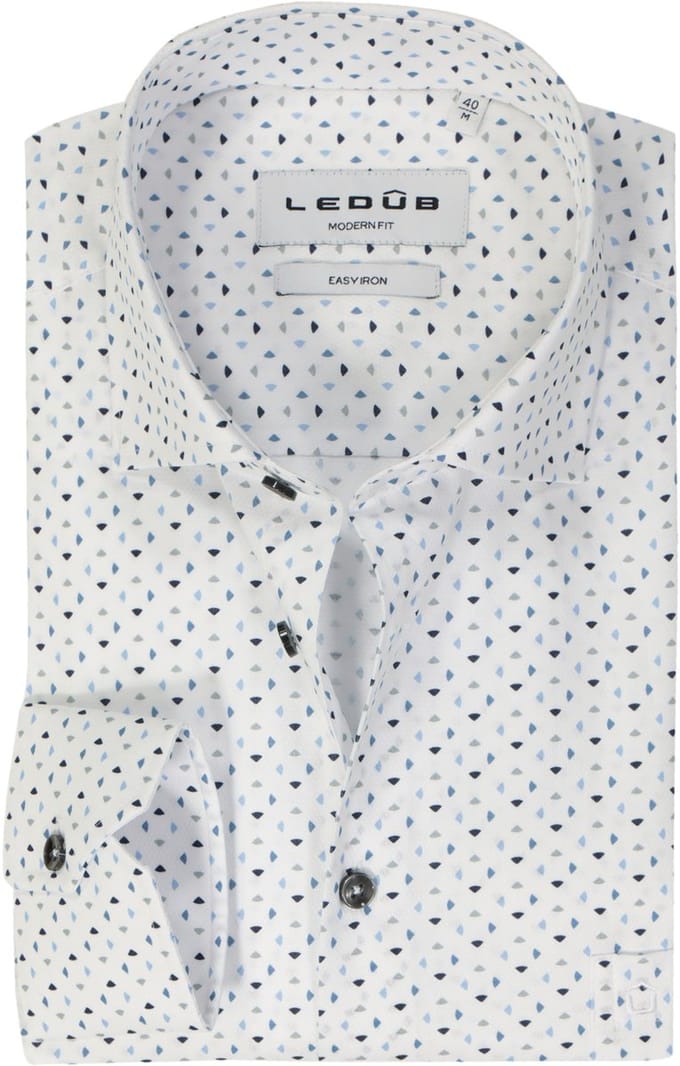 Ledub modern fit overhemd - popeline - wit met blauw dessin - Strijkvriendelijk - Boordmaat: 39