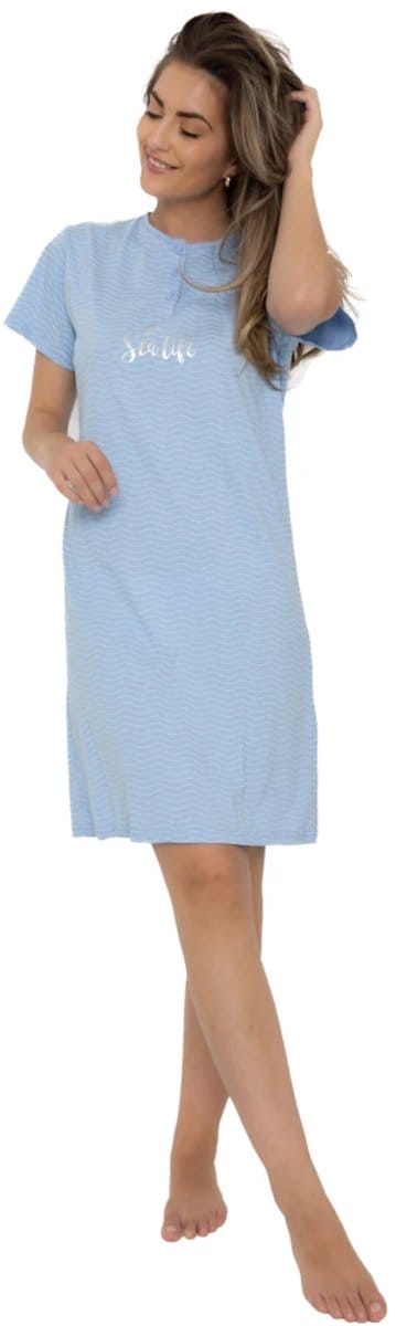 Cocodream dames nachthemd korte mouw - 100% katoen - maat L - Sealife -blue