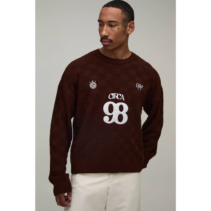 Ontspannen Ruime Gebreide Trui Met Schaakbordpatroon Circa 98 | Chocolate | Size Medium