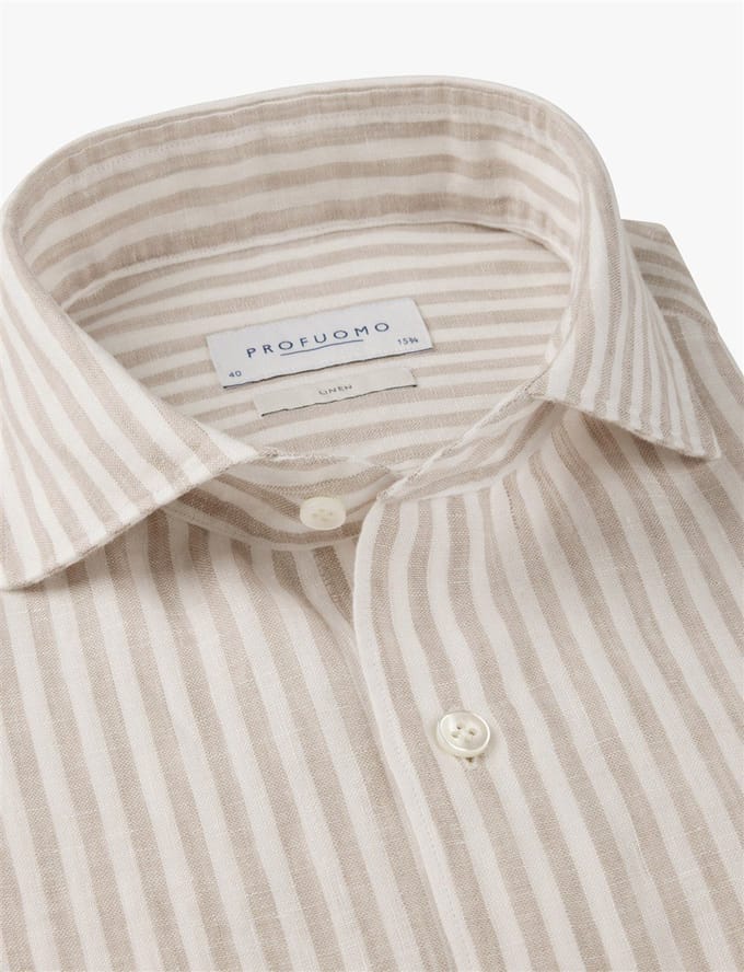 Linnen overhemd Profuomo Regular fit beige wit gestreept