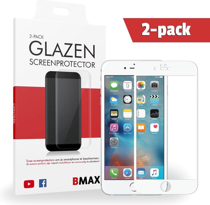 2-pack BMAX geschikt voor de Apple iPhone 7 Full Cover Glazen Screenprotector (Wit) | Dekt het volledige scherm! | Beschermglas | Tempered Glass
