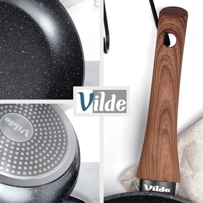 Vilde Black&Wood - Granite Koekenpan Set - 5 Stuks - Antikleef - Houtlook Handgreep