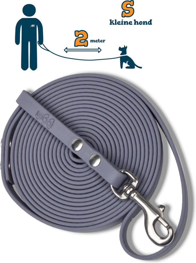 Miqdi hondenriem - BioThane – grijs – 2 meter lang – 9mm breed – XS/S – kleine hond